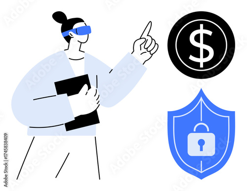 Man in VR glasses holding a tablet, pointing to a dollar icon and a shield with a lock. Ideal for technology, finance, innovation, security, virtual reality, business education. A simple flat