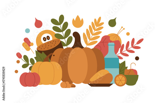 A festive autumn arrangement featuring pumpkins, leaves, and seasonal treats on a white background
