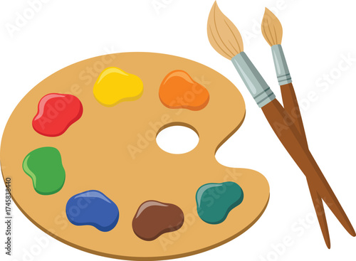 Artist palette with brushes vector illustration hand held painter’s color mixing palette and paintbrushes creative art tools design