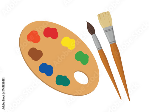 Artist palette with brushes vector illustration hand held painter’s color mixing palette and paintbrushes creative art tools design