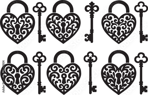 Romantic heart lock and key silhouettes couple symbolizing love partnership romance security togetherness and trust
