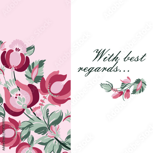 Greeting card - With best wishes. Beautiful stylized floral ornament. Floral rhythmic pattern. Vintage botanical composition of fantastic plant elements.	
