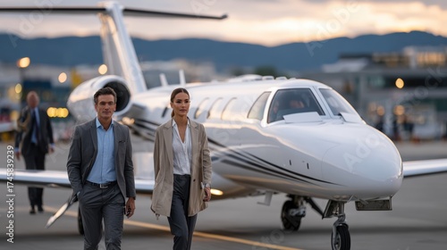 Elegant business travelers walking near private jet at sunset, symbolizing ambition, partnership and global success – ideal for luxury travel, corporate branding or finance campaigns.