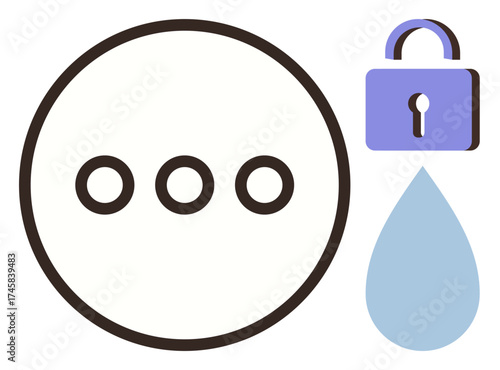 Lock symbol representing security, blue water drop depicting protection, and ellipsis denoting ongoing communication. Ideal for cybersecurity, privacy, secrecy, data protection, encryption