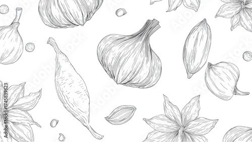 Hand drawn sketch pattern of garlic and aromatic spices.
