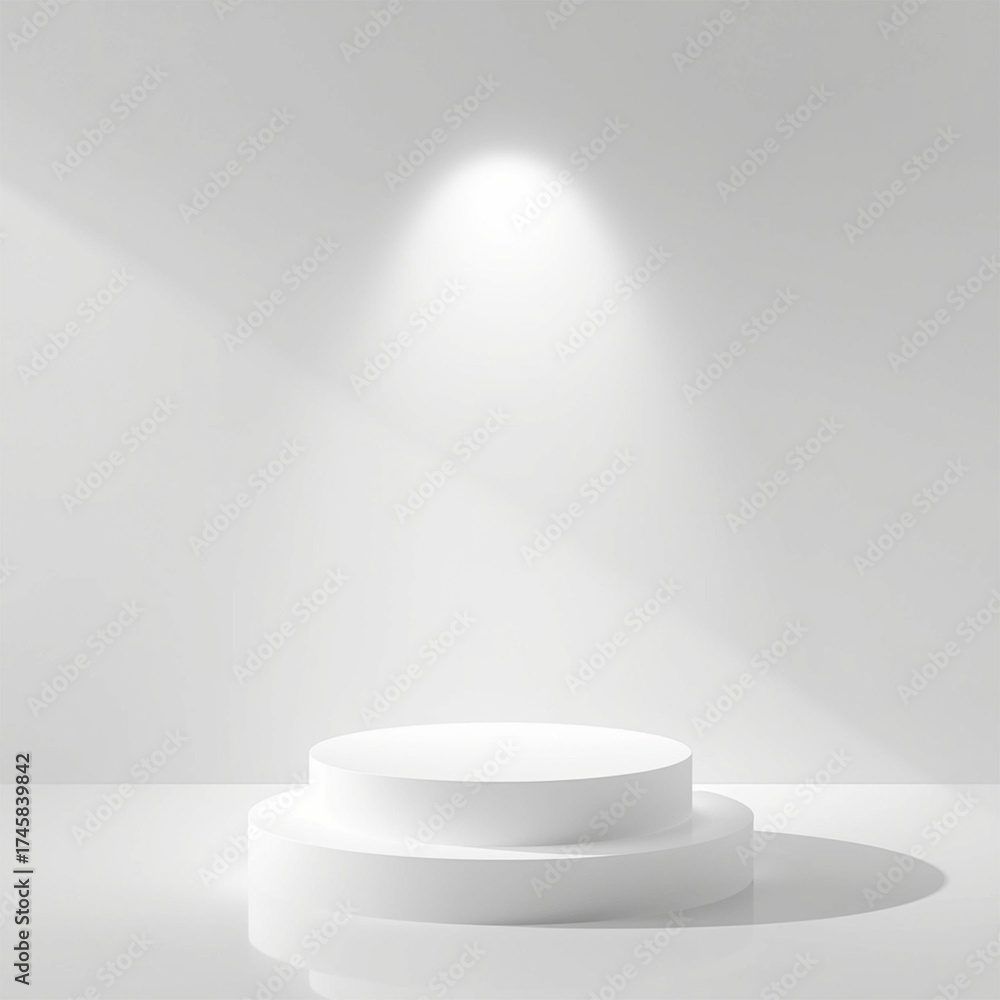 Fototapeta premium White Podium with Single Spotlight — Clean Minimal Studio Background and Soft Lighting for Professional Product Display