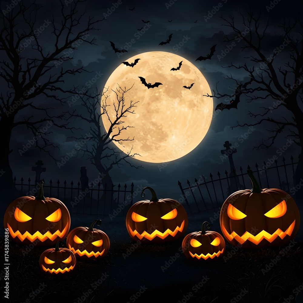 Fototapeta premium Spooky Halloween Night Scene with Pumpkins, Bats, and Full Moon in Dark Fantasy Digital Art Illustration