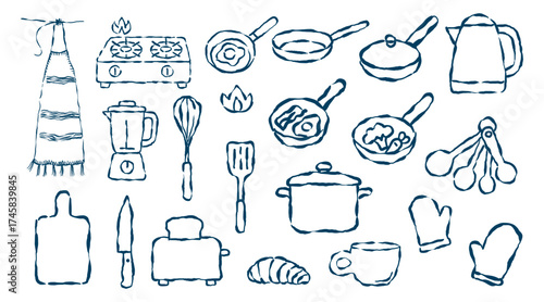 Hand drawn vector illustration set of kitchen tools and food symbols in a doodle sketch design collection