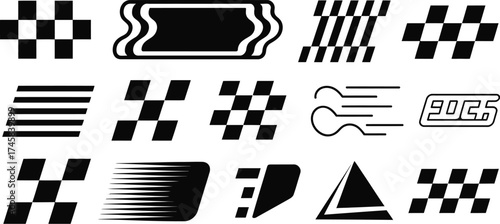 Race car stripes and racing design elements pack with checkered flag, motocross labels, speed motion lines, start finish line, tuning stickers, and motorsport decals vector set