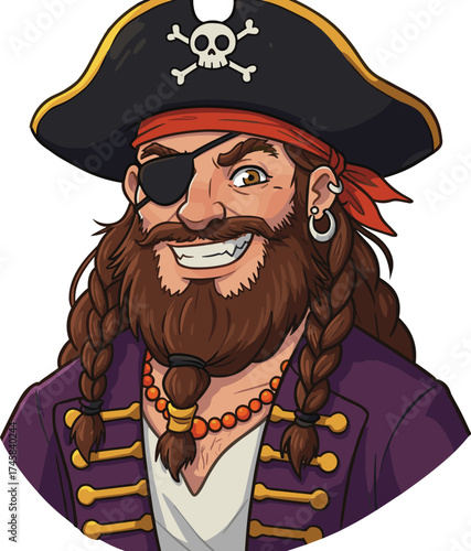 Cartoon pirate character, beard, eye patch, skull hat, red bandana, purple coat, gold trim, smiling face, playful, detailed illustration