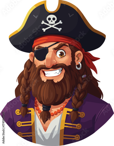Cartoon pirate character, bushy beard, skull hat, eye patch, mischievous grin, purple coat, red bandana, adventure theme, fantasy illustration, isolated