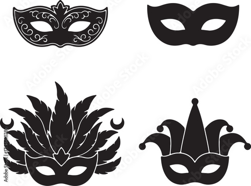 Set of four black silhouette party masks for carnival masquerade venetian celebration events decorations