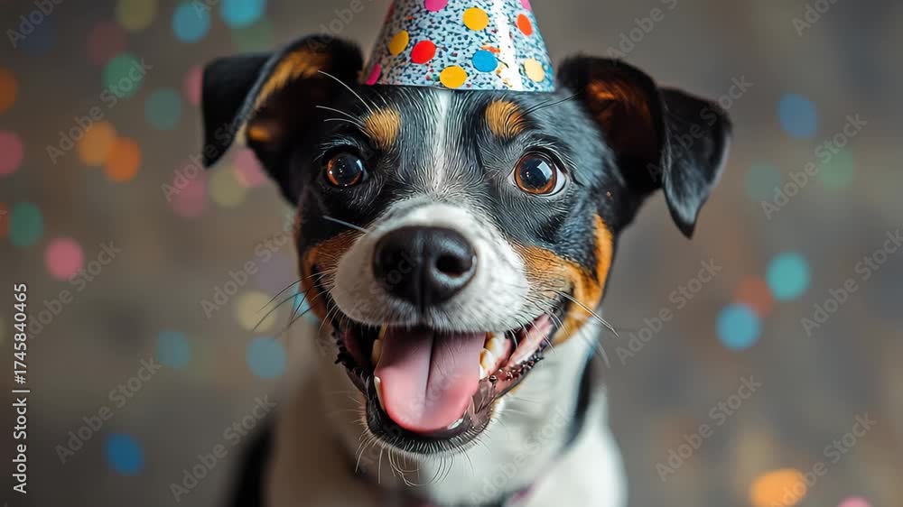 Happy dog celebrating a birthday with a party hat and colorful confetti ...