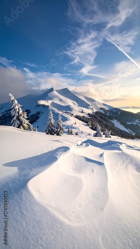 Winter mountain vista.  Snowy peaks, a vast expanse of white, sunlit by a brilliant sky.  Forests of evergreens decorate the slopes