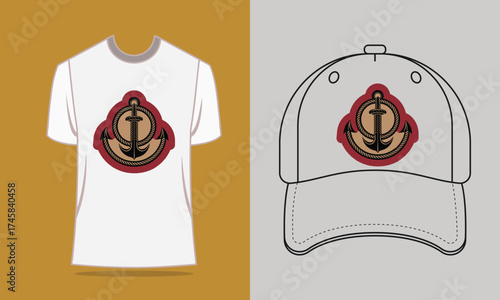 T shirt baseball cap with anchor emblem vector