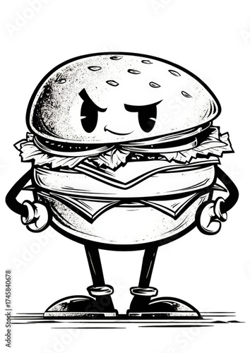 Vintage Style Grumpy Hamburger Mascot Cartoon Character.