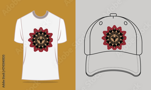 T shirt baseball cap with deer mandala graphic vector