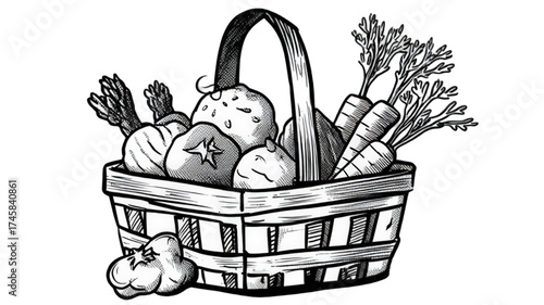 Hand drawn sketch of a wicker basket full of fresh garden vegetables.