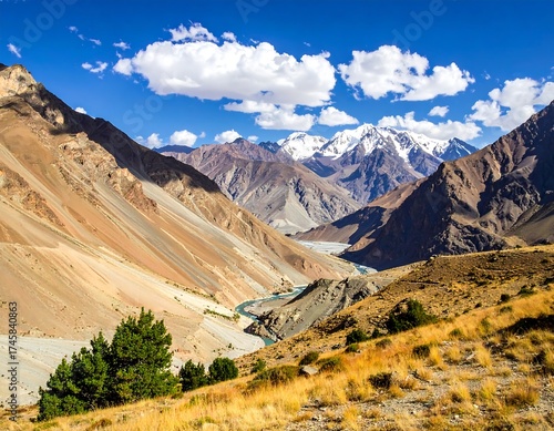Mountain valley with river and snow-capped peak