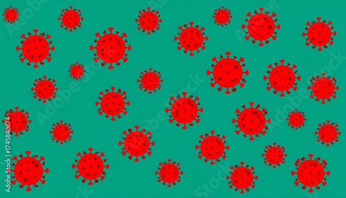 Illustration of multiple red virus shapes on a teal background