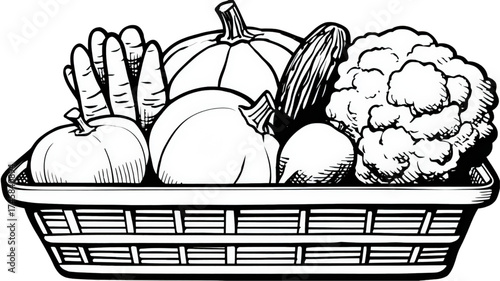 Black and white line art illustration of a harvest basket full of fresh vegetables and fruit.