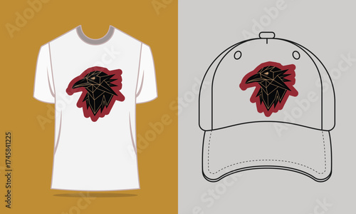T shirt baseball cap with geometric raven head graphic bird