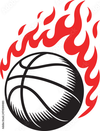 Black and red illustration of a basketball engulfed in flames fire burning