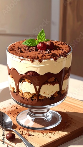 Illustration of tiramisu in glass, topped with cocoa and berry