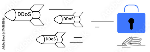 Flying rockets labeled DDoS aim at a blue lock with coins, symbolizing cyberattacks and security measures. Ideal for cybersecurity, online safety, threat protection, IT solutions, data security