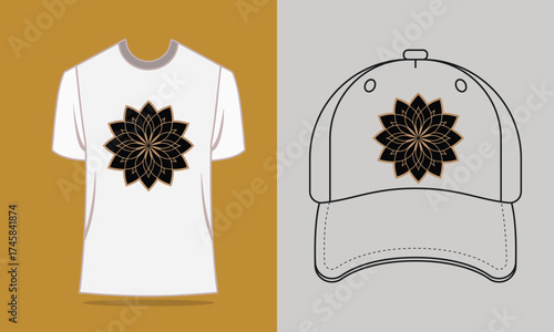 T shirt baseball cap with gold mandala design vector