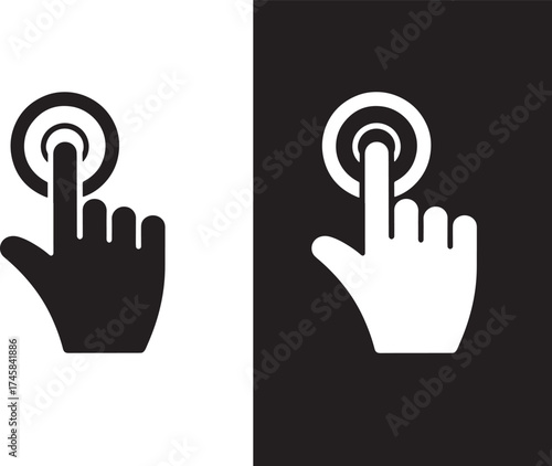 Black and white hand cursor icons pointing to a circle on a white and black background Keywords: hand