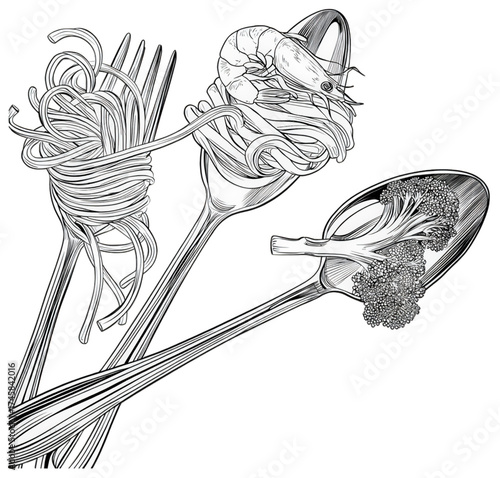 Artistic black and white drawing of forks and spoon with food.