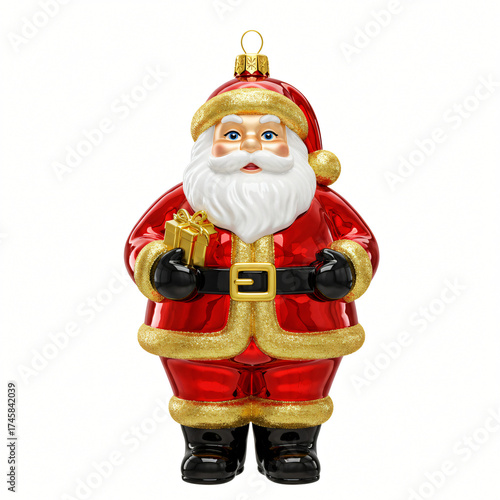 Vintage Santa Claus ornament in glossy red suit holding a gift , blown colored glass