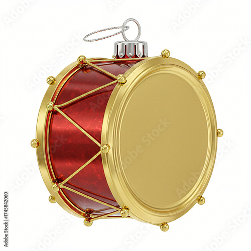 Festive Glossy Red and Gold Drum Ornament: Intricate New Year's Tree Blown Glass Decor, Toy Drum Shaped Ornament Glossy Red and Gold Strip