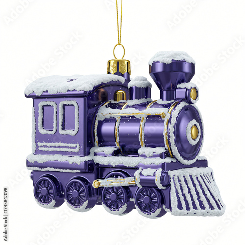 Opulent vintage train-shaped ornament with glossy metallic finish purple gold snow highlights  