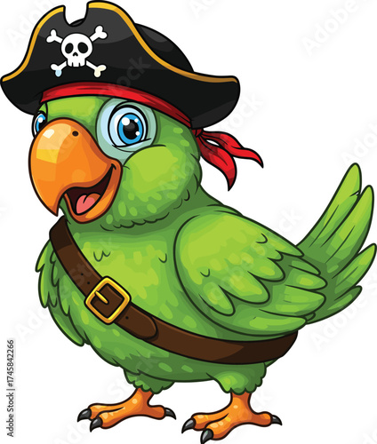Cartoon pirate parrot, green bird illustration, funny animal character, kids pirate theme, tropical mascot, adventure costume, isolated white background
