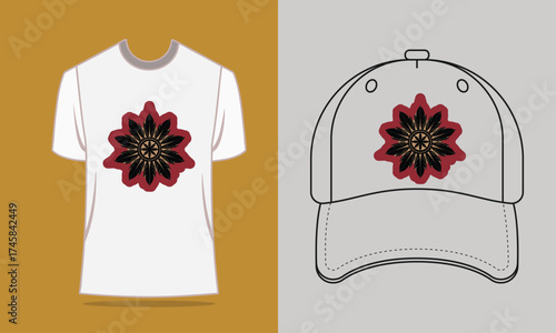 T shirt baseball cap with red feather mandala vector