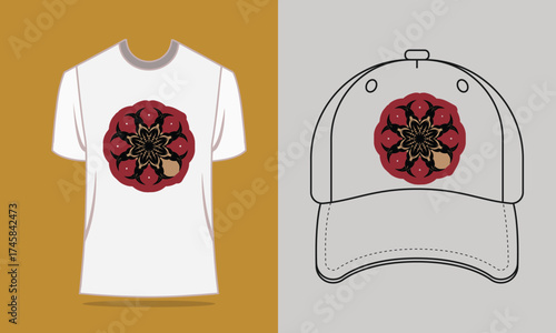 T shirt baseball cap with red gold mandala design clothing 2