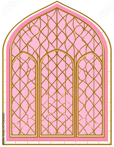 Illustrative Gothic window with pink and gold details