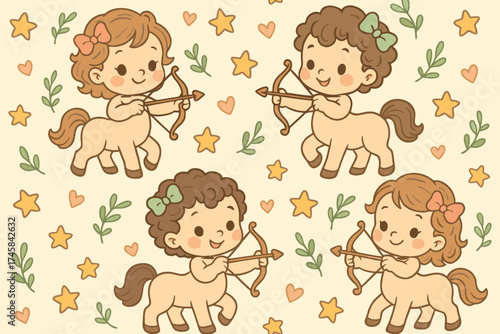 Cute cartoon centaur children holding bows and arrows in a whimsical floral pattern