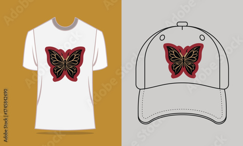 T Shirt Baseball Cap with Stylized Butterfly Graphic vector