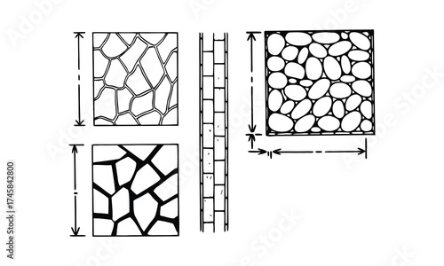 Set of Stone and Brick Wall CAD Drawings in Technical Blueprint Style