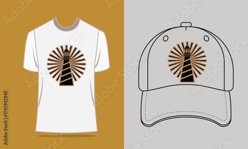 T shirt baseball cap with stylized lighthouse graphic silhouette