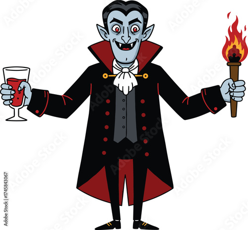 Cartoon vampire character, Halloween torch, spooky costume, red eyes, fangs, vampire drink, festive illustration, creepy smile, fantasy monster, undead humor