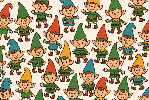 Whimsical vintage style illustration of many cute cartoon gnomes in colorful pointed hats and green outfits