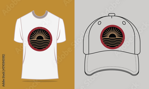 T shirt baseball cap with stylized sun ocean graphic waves