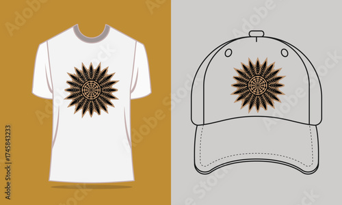 T shirt baseball cap with tan mandala design vector