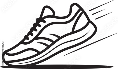 Black outline icon of a running shoe with motion lines sneaker sport