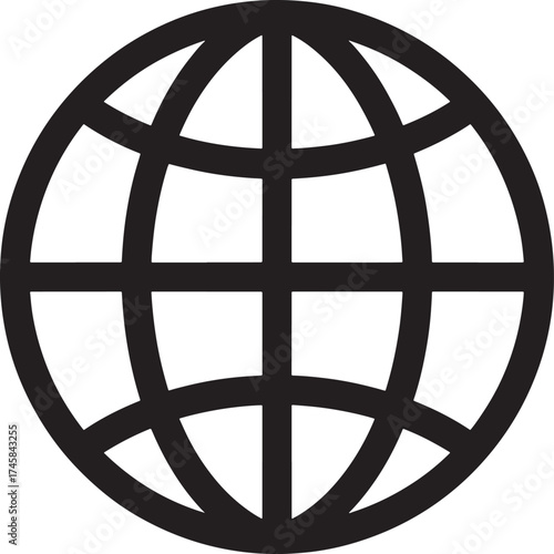 Black outline icon of a globe with grid lines representing continents world earth