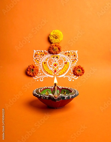 Indian Diwali candle, vibrant orange background